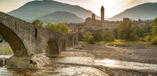 The town of Bobbio and the old medieval bridge. Bobbio, Piacenza province, Emilia Romagna, Italy.