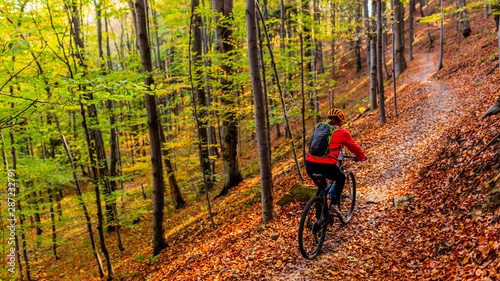 Cycling woman riding on bike in autumn mountains forest landscape. Woman cycling MTB flow trail track. Outdoor sport activity.