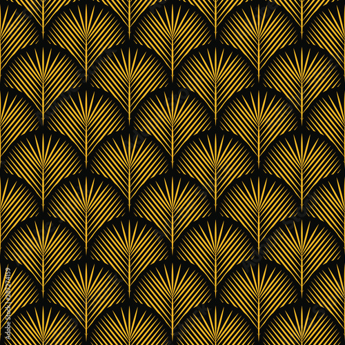 Seamless black and gold vintage art deco floral peacock ornate pattern vector