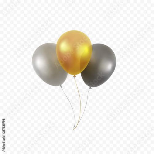 Balloons bunch isolated on transparent background. Glossy gold, silver, black festive 3d helium ballons. Vector realistic translucent golden baloons mockup for anniversary, birthday party design