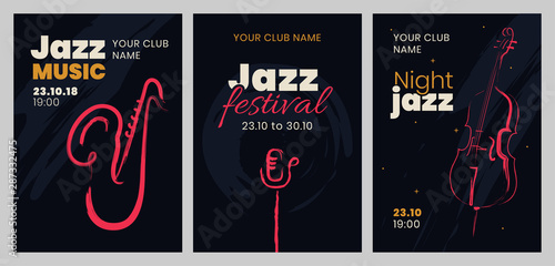 Vector set of posters for a jazz festival or concert with musical instruments.