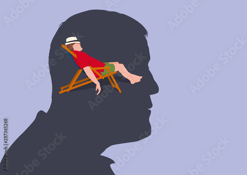 Concept de la relaxation mentale, avec un homme vu de profil qui s’imagine allongé sur une chaise longue en train de se reposer.