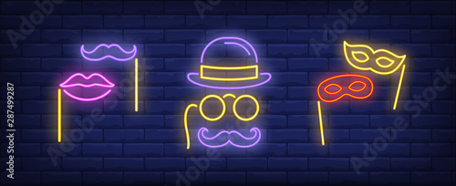 Moustache, lips, masks on sticks and pince-nez neon signs set