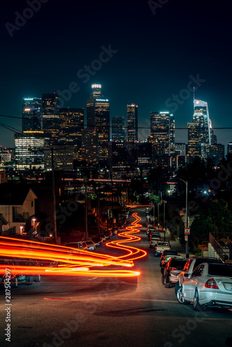 Cityscape view of the skyline of downtown Los Angeles, and Beaudry Street in Los Angeles, California