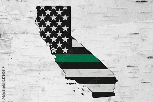 American thin green line flag on map of California