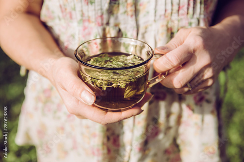 Closeup view of woman hands holding tea cup with common lady's mantle leaf ground infusion tea in it wearing floral summer dress. Relaxing herbal tea concept.