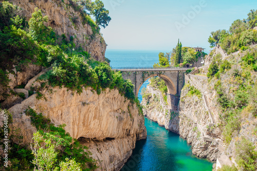 Famous fiordo di furore beach seen from bridge.