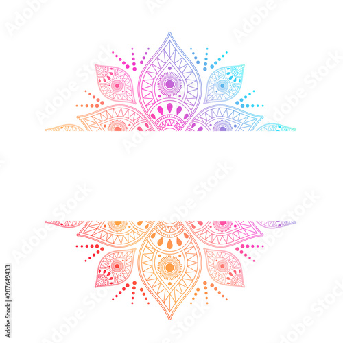 Colorful intricate mandala with central white ribbon for copy space incorporating different symbols in a geometric pattern, vector design