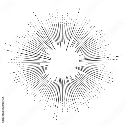 Radial, radiating beams, rays starburst, sunburst lines. Circular burst, firework, blast or explosion effect. Concentric, converging array sparkle effect. Irregular, dashed stripes