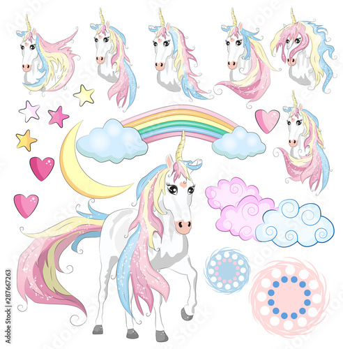 cute magic collection with unicorn, rainbow, fairy wings