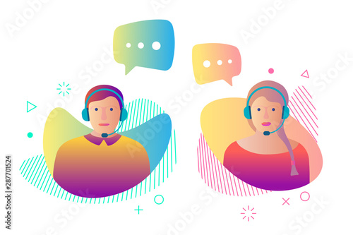 Call center customer online help service avatar set. Man and woman online assistant working in headphones and speech bubbles. Support character operator gradient vector illustration