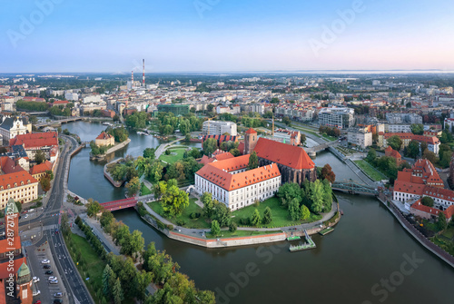 Aerial view of Wyspa Piasek (or Sand Island) in the Odra river, Wroclaw, Poland