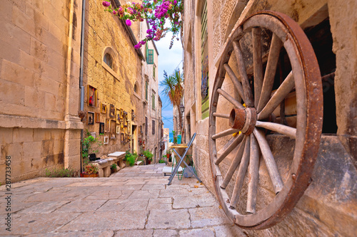 Town of Korcula steep narrow stone street colorful view