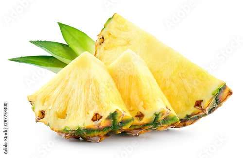 Pineapple slices with leaves. Pineapple isolate. Cut pineapple on white.