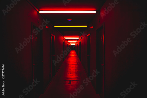 Red light corridor scary concept horror scenery fear concept 