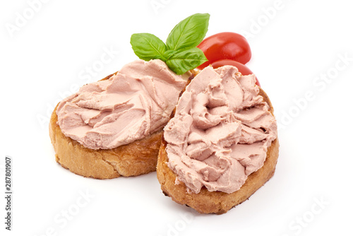 Sandwich with homemade chicken liver pate, isolated on white background