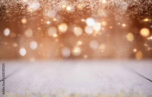 Festive wooden table with glittering bokeh lights illuminated by a spotlight, Christmas or other special occasions