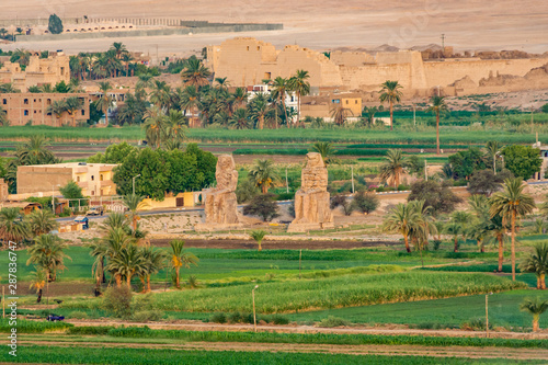 Aerial view of Colossi of Memnon (Amenhotep III), Luxor, Egypt