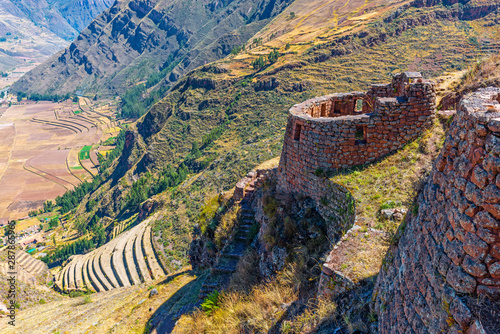 The inca ruins of Pisac with its terraced fields near the city of Cusco, Peru.