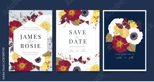 Autumn and fall Flower Wedding Invitation set, floral invite thank you, rsvp modern card Design in Red peony and white floral with leaf greenery branches decorative Vector elegant rustic template