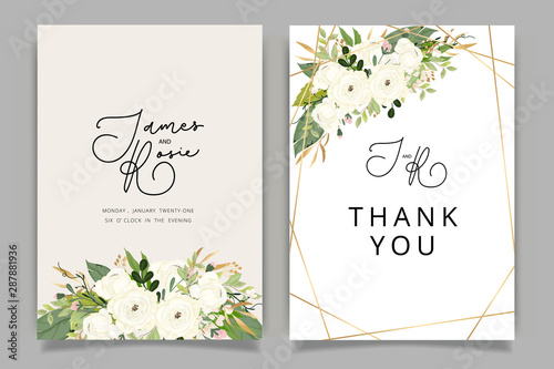 Luxury Wedding Invitation set, invite thank you, rsvp modern card Design in Golden and white rose with leaf greenery branches decorative Vector elegant rustic template