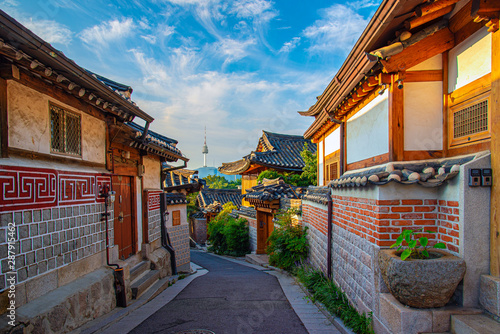 Morning atmosphere of Bukchon hanok village and seoul tower background,south korea.