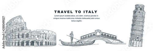 Travel to Italy hand drawn design elements. Vector sketch illustration of Colosseum, Tower of Pisa, Rialto Bridge.