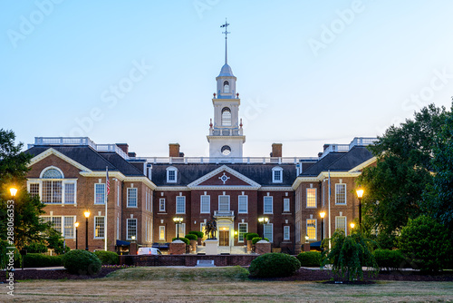 Delaware Capitol Building with lights turned on at sunset