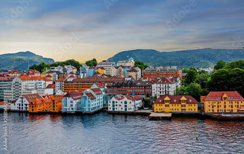 Bergen. Norway. View from the sea. The city is built on the southwestern coast of Norway around the picturesque Wagen Bay and is surrounded by seven mountains.