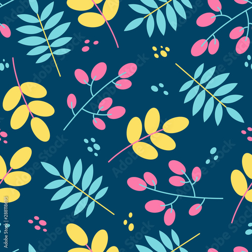 Seamless floral pattern tile in flat style. Nature background in yellow, pink, blue colors