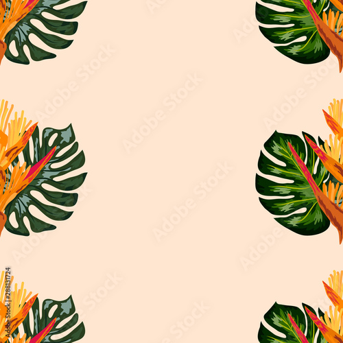 Seamless pattern of Heliconia flowers or lobster-claws and tropical leaf background