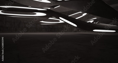 Empty dark abstract brown concrete room smooth interior. Architectural background. Night view of the illuminated. 3D illustration and rendering