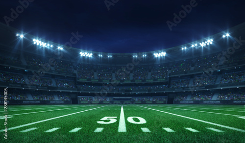 American football league stadium with white lines and fans, illuminated field side view at night, sport building 3D professional background illustration