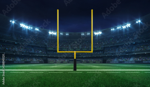 American football league stadium with yellow goalpost front and fans, illuminated field frontal view at night, sport building 3D professional background illustration