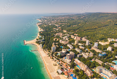 Panoramic view on Varna beach on Black sea in Bulgaria. 2019