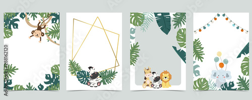 Green animal collection of safari frame set with lion,giraffe,zebra,elephant vector illustration for birthday invitation,postcard,logo and sticker