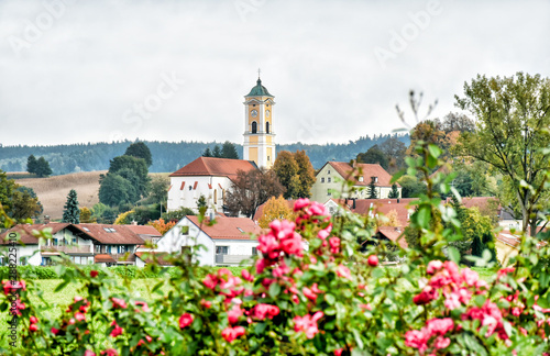 Cityscape of the Bavarian health resort Bad Birnbach with the late gothic parish church Maria Himmelfahrt (Germany)