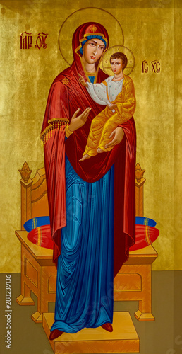 Secovska Polianka, Slovakia. 2019/8/22. The icon of the Virgin Hodegetria (Our Lady of the Way). Part of the Iconostasis in the Greek Catholic church of Saint Elijah. 