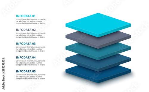 3d plates with 5 segments or layers. Modern infographic design template. Vector illustration for presentation. Concept of five stages of hierarchy