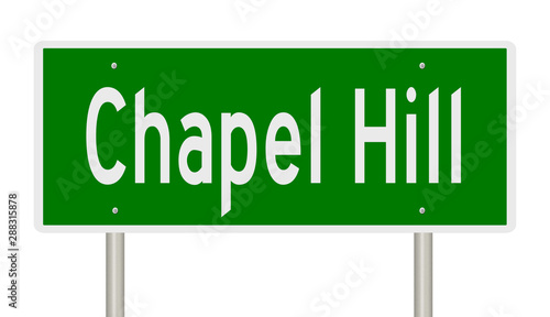 Rendering of a green highway sign for Chapel Hill North Carolina