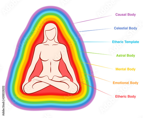 Aura bodies. Rainbow colored labeled layers of a female body. Etheric, emotional, mental, astral, celestial and causal layer. Isolated vector illustration on white background.