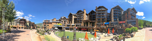 VAIL, CO - JULY 3, 2019: Panoramic view of city streets on a sunny summer day. Vail is a famous tourist destination in Colorado
