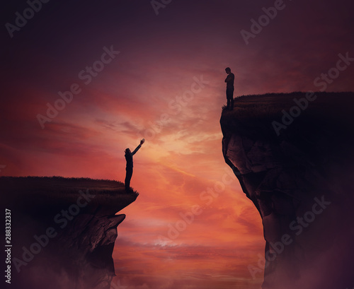 Two persons standing on different high peaks showing the divergence of success achievement. Inequality between people concept as global social issue. Discrimination, injustice and unfairness symbol.