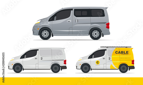 Set Illustration of Family Van Car Mpv with 4 doors, sliding door, and service branding for company