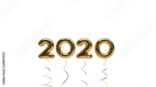 Simple New Year 2020 Text Illustration (Rendering) with gold Foil Helium Balloons, isolated on a white Background