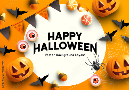 A set of halloween themed party decorations. Top down view with room for copy. Vector illustration