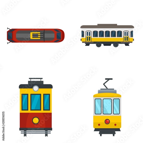 Tram icon set. Flat set of tram vector icons for web design