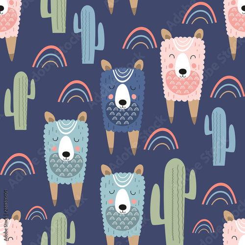 Childish seamless pattern with cute llama and cactus in Scandinavian style. Vector Illustration. Kids illustration for nursery design. Great for baby clothes, greeting card, wrapping paper.