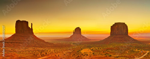 View of Monument Valley at sunrise near the border of Arizona and Utah in Navajo Nation Reservation in USA.