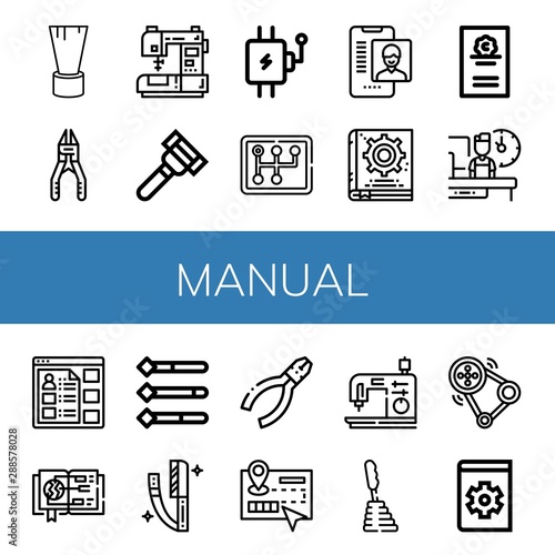 Set of manual icons such as Shaving brush, Plier, Sewing machine, Razor, Lever, Gearstick, Online support, Manual book, Cicerone, Shift, Information, Guide, Pliers, Transmission , manual